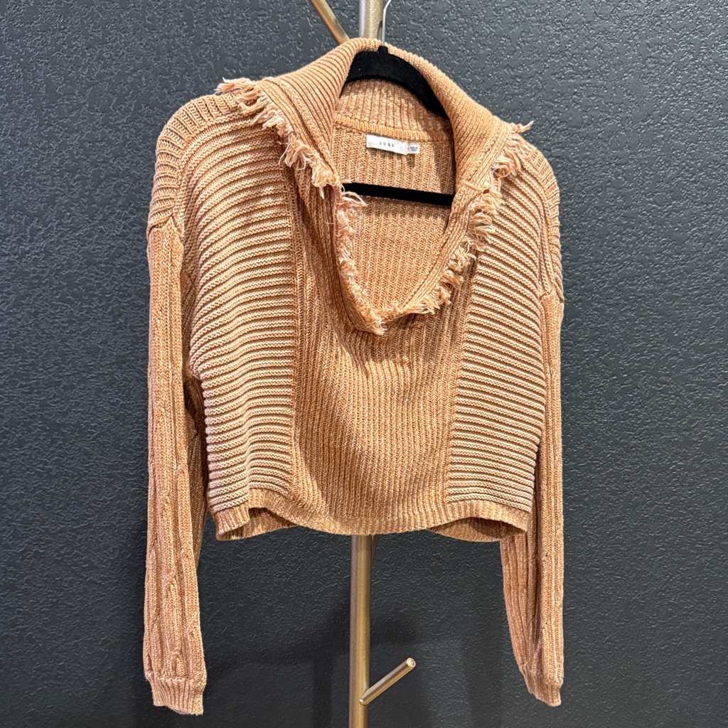 Title: Lush Caramel Knit Cropped Sweater Distressed Collar Size M